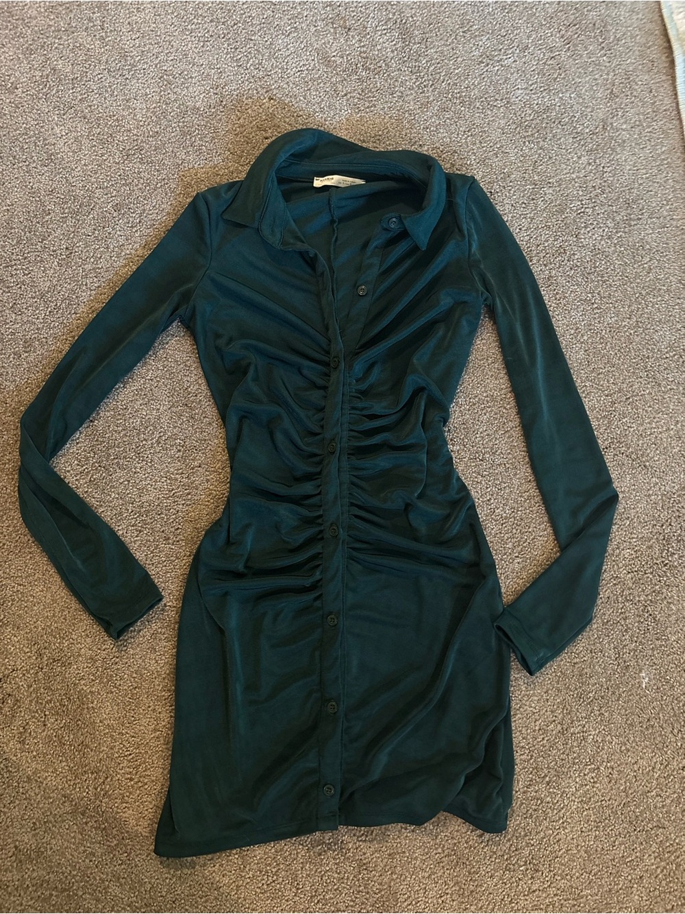 Pull&Bear Dark Teal Ruched Button-Down Long Sleeve Dress